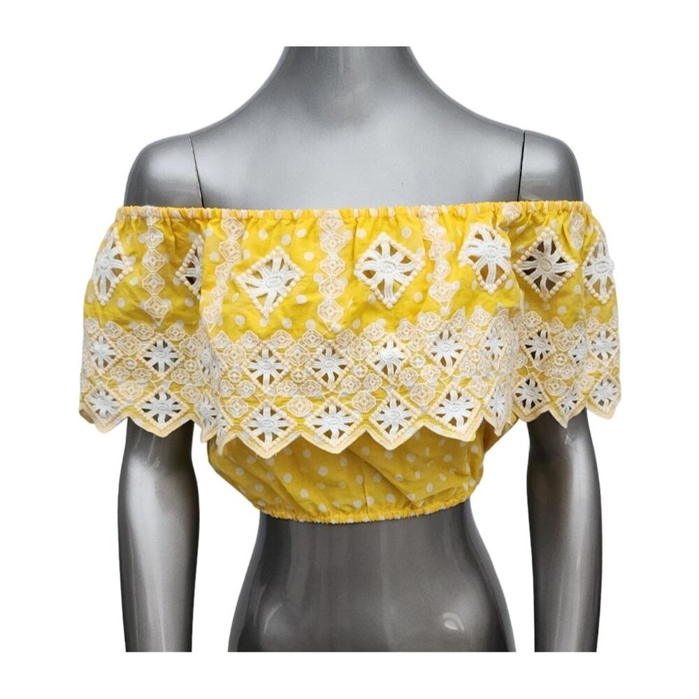 Miguelina NWT Yellow Top Dakota Off Shoulder Lace Embroidered White Crop Small